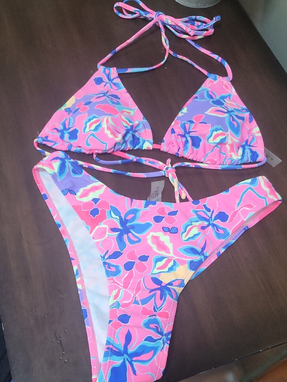 Women's Pink Floral Bikini Set - Triangle String Top & Hicut Brief Bottom